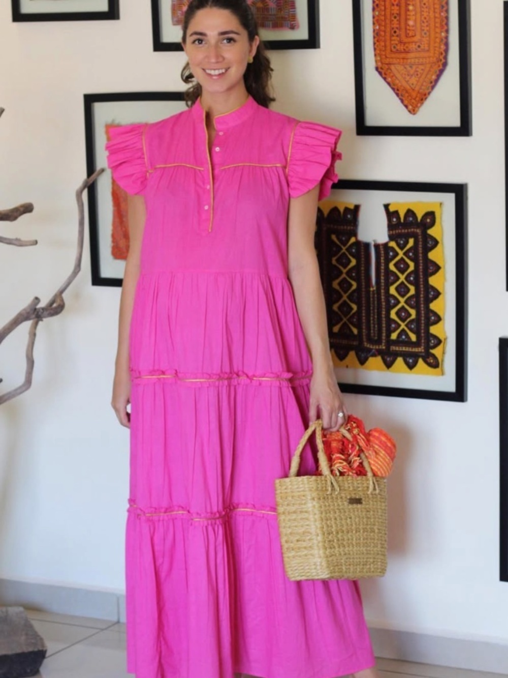 ZINDAGI 100% Cotton Hot Pink Ruffle Sleeve Camille Dress Size M/L VGUC